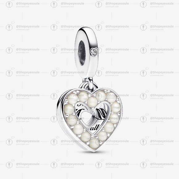 Pandora Pearlescent White Heart Double Dangle Charm - Picture 1 of 5